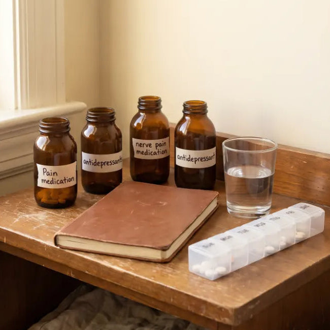 A bedside table in a bedroom corner holds several amber glass medicine bottles with handwritten labels, a glass of water, a brown notebook, and a white pill organizer tray.